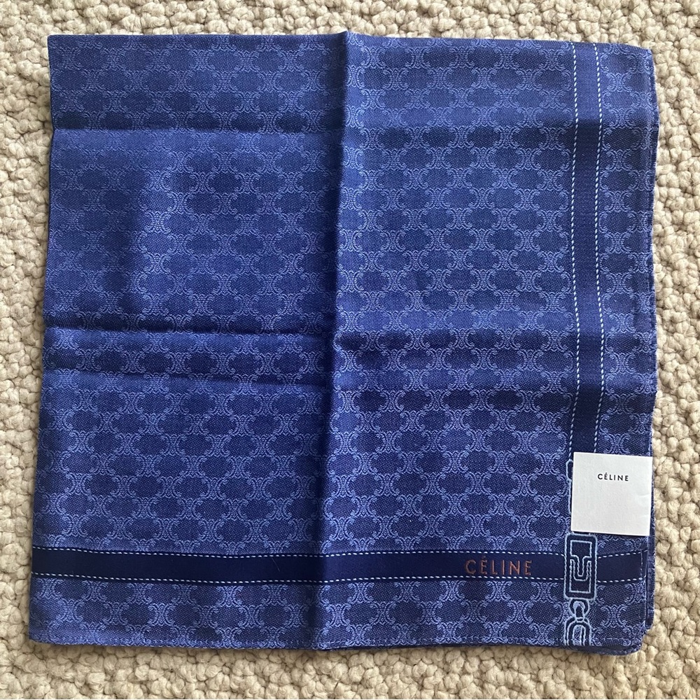 New Vintage CELINE Handkerchief Scarf Pocket Square Classic Macadam Logo Blue